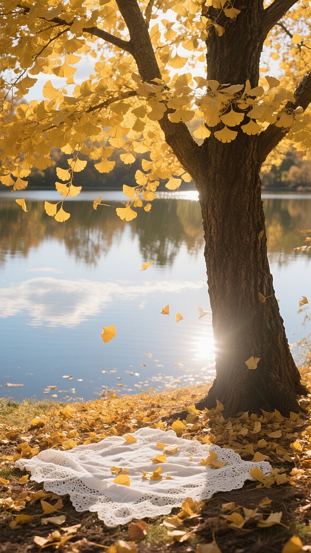 深秋时节，一棵粗壮的银杏树，金黄的扇形叶子挂满枝头，部分叶子飘落，覆盖在地面和一块铺在地上的白色蕾丝布上。背景是一片平静的湖泊，湖面倒映着天空和树木的影子。阳光透过树叶洒下，形成斑驳的光影效果，整个画面充满了温暖、宁静的氛围。