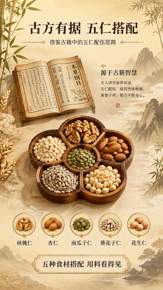 暖金色古风山水意境背景的详情页，背景显示完整山水长图的第4段区域：左侧有竹叶和麦穗元素，右侧有竹子枝叶剪影，中间云雾缭绕，远山若隐若现，米黄暖金渐变色调。页面顶部大标题'古方有据 五仁搭配'，副标题'借鉴古籍中的五仁配伍思路'。上半部分左侧是一本打开的老旧线装医书，右侧是'源于古籍智慧'文字说明。中间一个花瓣形木盘盛放五种不同的坚果种仁。底部五个圆形图标横向排列，分别展示五种果仁，下方各有名称文字。最底部装饰框写'五种食材搭配 用料看得见'。整体国潮新中式古风养生风格，温润典雅，深棕色文字。