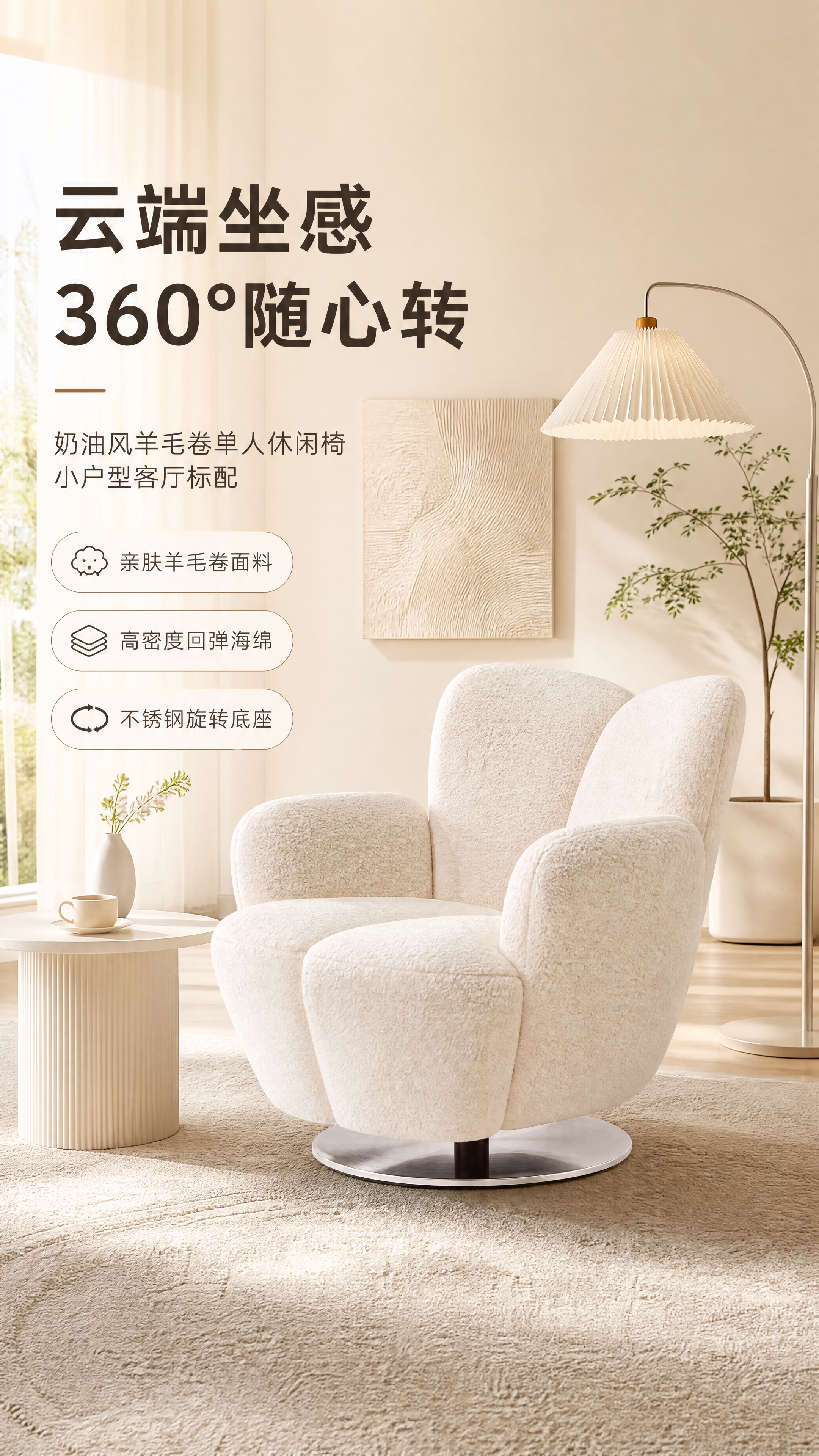 [商品] 使用【图1】D2507奶白色羊毛卷休闲椅；保留整体造… - 图片创意预览