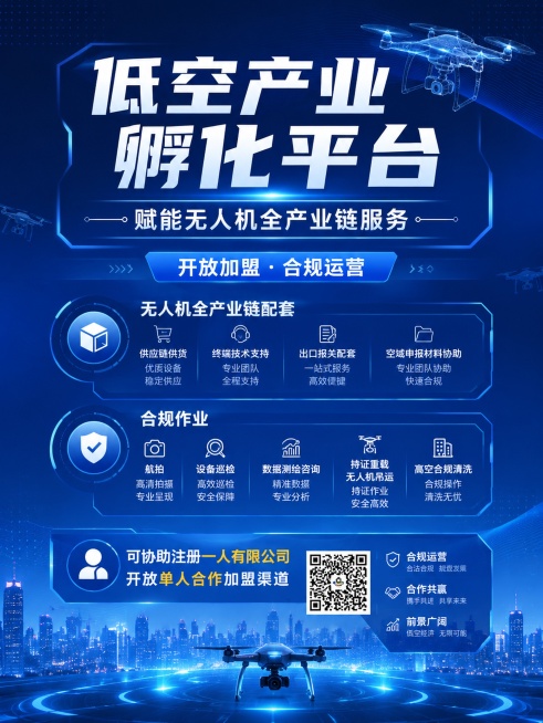 现代科技商务风格竖版宣传海报，主标题文字"低空产业孵化平台"，副标题文字"赋能无人机全产业链服务"，装饰文案文字"开放加盟 · 合规运营"，核心卖点：无人机全产业链配套：供应链供货、终端技术支持、出口预览效果