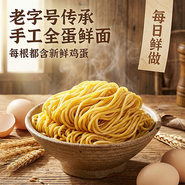 [主图 1 点击率首图] 老字号手工全蛋鲜面主图，传统复古国风风格，食欲感氛围，金黄色手工全蛋面堆叠在粗陶碗中，面条根根分明弹牙，蛋香金黄，摆放于中式原木餐桌，旁边点缀着新鲜带壳鸡蛋和小麦穗，自然暖阳逆光从侧面打透面条，呈现出通透的诱人金黄色泽，油润鲜爽的质感呼之欲出。左上角悬浮文案 "老字号传承 手工全蛋鲜面"，副标题 "每根都含新鲜鸡蛋"，右上角浅棕色米底标签 "每日鲜做"，字体采用复古宋体，棕色字。产品主体占画面中心偏右区域，整体构图平衡，背景为做旧原木色，充满烟火气。