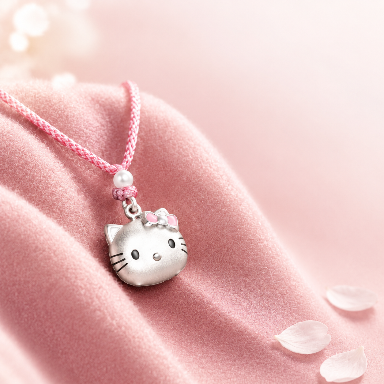超写实珠宝首饰商业摄影。 主体：Hello Kitty吊坠项链… - 图片创意预览