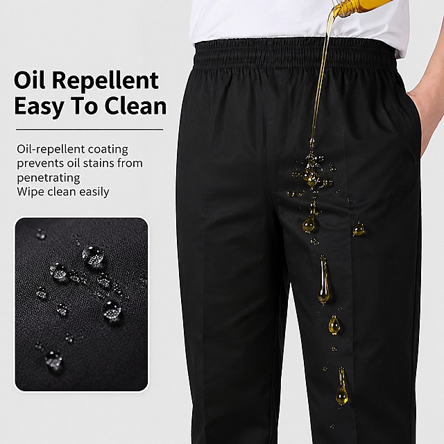 [Main Image 6] Oil resistance performance demonstration for black chef pants. Drop cooking oil on the pants surface, oil forms water droplets and slides off easily, demonstrating oil repellent function. Main title "Oil Repellent Easy To Clean". Description text "Oil-repellent coating prevents oil stains from penetrating Wipe clean easily". Keep pants appearance color same as input image. Realistic effect display, soft commercial lighting. 1:1 ratio, 2048x2048, all text English, no Chinese. Negative prompt: distortion, text clutter, blurred product, cluttered background, watermark