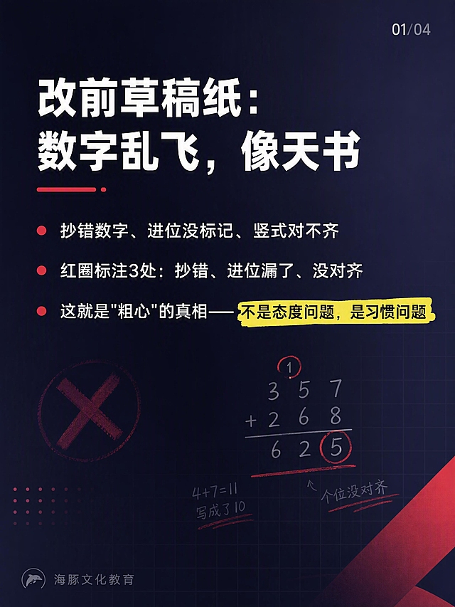 小红书3:4图文卡片正文页，尺寸1242×1656px。

背景：#1a1a2e到#2d2d44的160度渐变深色背景，点缀#e94560红色元素。

安全区：上下各留120px，左右各留80px。

右上角页码："01/04"，26px，白色半透明。

左下角品牌角标："海豚文化教育"，22px，白色，opacity 0.35半透明。

标题（页面上方）："改前草稿纸：数字乱飞，像天书"，白色#ffffff，60px，Bold/700粗黑体。

正文要点（标题下方，左侧红色圆点）：
三个要点，每个要点左侧有一个12px的#e94560红色圆点，白色文字42px，行间距1.6倍：
1. 抄错数字、进位没标记、竖式对不齐
2. 红圈标注3处：抄错、进位漏了、没对齐
3. 这就是"粗心"的真相——不是态度问题，是习惯问题

其中"不是态度问题，是习惯问题"用黄色荧光笔底色高亮，非常醒目。

整体风格：极简高级，小学数学教育提分案例主题，小红书图文卡片质感，版式精美，文字清晰锐利，信息层级分明。