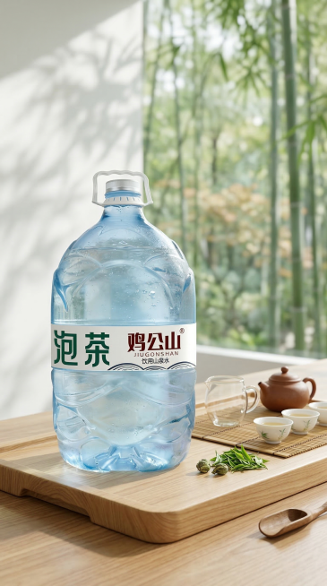 自然清新的茶饮山泉水竖版手机海报，主体是大桶装鸡公山泡茶山泉水，保持产品原有Logo和文字内容不变，保持产品主体物理结构不变。放置在干净的浅色实木茶盘上，旁边搭配功夫茶具和新鲜茶叶，背景是明亮通透的中预览效果