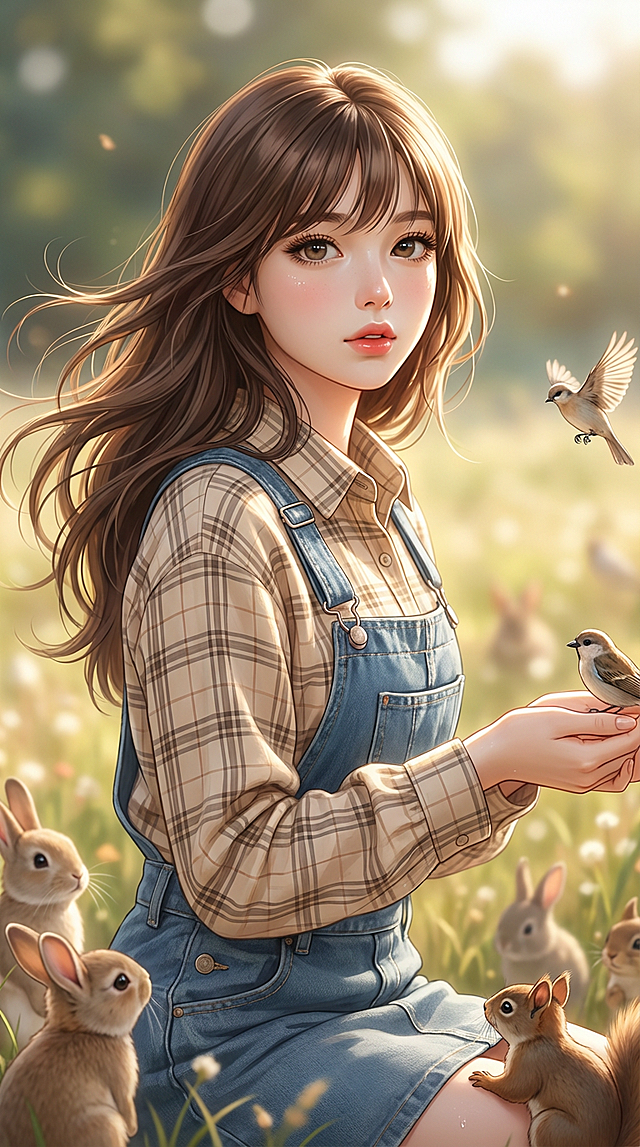 穿着杏色格纹长袖上衣和牛仔背带裙的少女