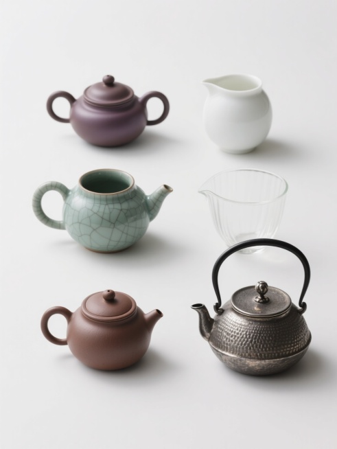 六个不同样式、不同种类的茶壶，包括紫砂壶、青瓷壶、白瓷壶、玻璃壶、粗陶壶和铸铁壶，每个茶壶具有独特的造型和材质纹理，紫砂壶展现细腻的紫砂质感和圆润线条，青瓷壶带有冰裂纹和温润光泽，白瓷壶洁白素雅，玻璃壶通透晶莹，粗陶壶有自然的粗砺手感，铸铁壶则呈现金属光泽和复古纹路，所有茶壶在纯白色背景上整齐排列，采用相同的写实摄影风格，光线柔和均匀，突出各茶壶的材质细节和立体感，无任何文字、LOGO、二维码……预览效果