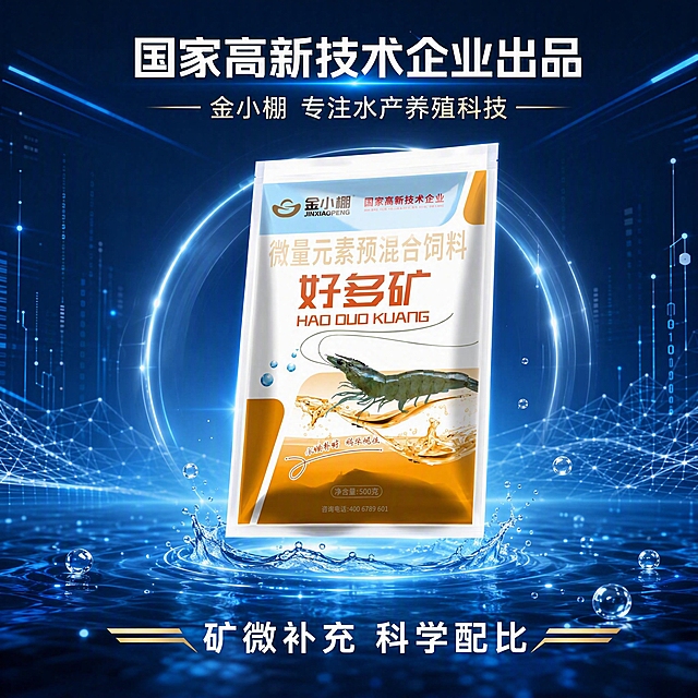 轮播图，科技风+商务风，深蓝科技感场景，与之前金小棚系列产品轮播图风格保持完全一致。画面中央展示金小棚好多矿产品包装袋，保持产品外观（物理结构、材质质感、颜色、文字排版）与输入产品图完全一致，杜绝任何变形和色差，精细化处理。包装袋正面清晰可见"金小棚""国家高新技术企业""微量元素预混合饲料""好多矿""净含量:500克"等原有文字，咨询电话保持原图真实状态不做编造修改。背景为深蓝色渐变科技空间，带有流动的光线条纹和数据网格线，底部有动态水波和气泡升腾效果，营造专业水产科技氛围。产品包装袋略微倾斜呈悬浮动势，周围有淡蓝色光晕环绕。画面上方居中放置主标题"国家高新技术企业出品"，下方放置副标题"金小棚 专注水产养殖科技"，底部放置"矿微补充 科学配比"。文字采用现代商务无衬线字体，白色为主，金色点缀，清晰锐利。整体光影层次丰富，产品突出，商业摄影质感，超高清，画面专业大气。1:1正方形比例。