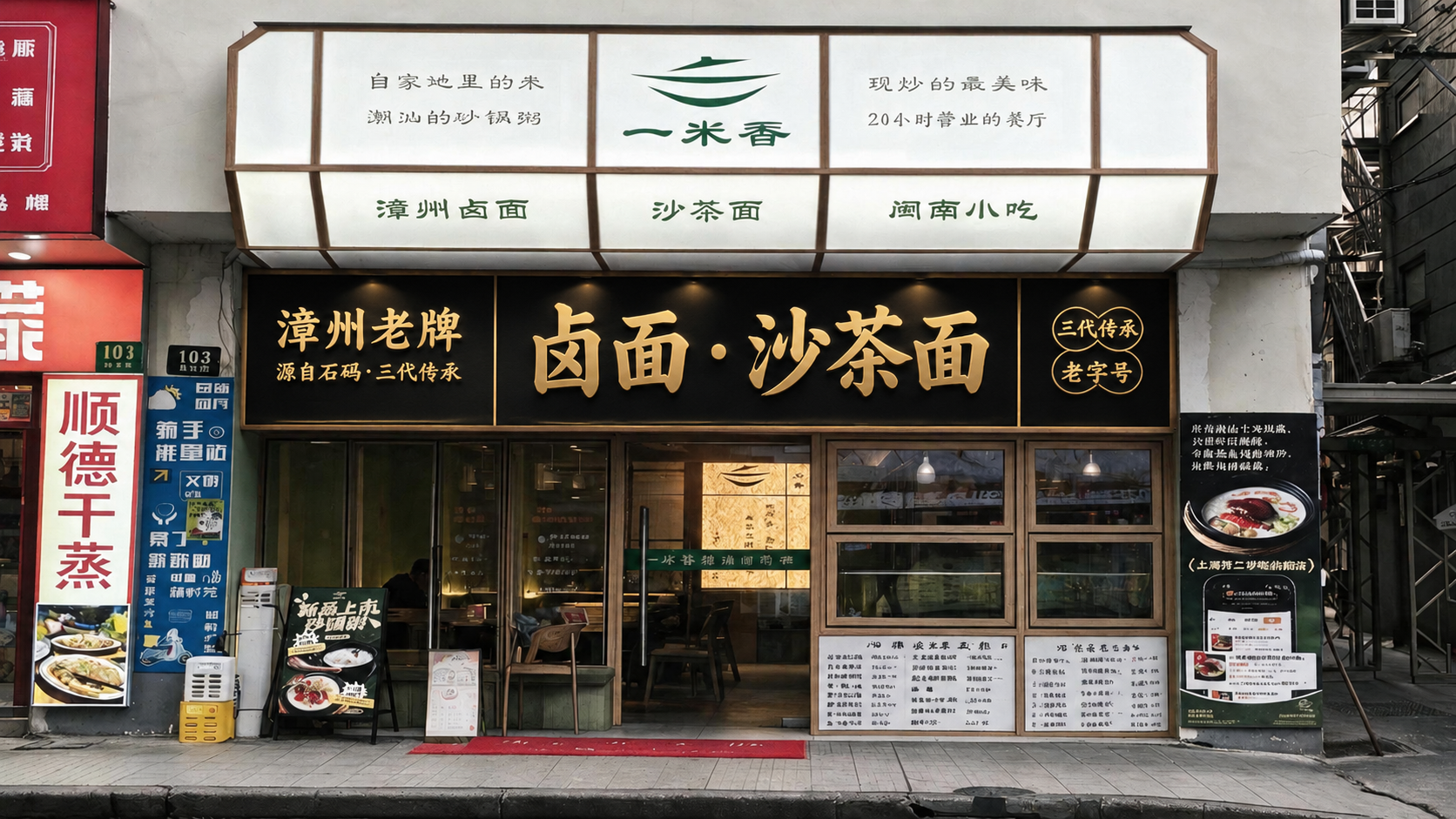 门头中间招牌底板换成黑色（高级黑金风），文字金色：“漳州老牌”… - 图片创意预览