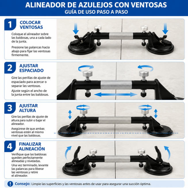 Gráfico de pasos de uso para alineador de azulejos con ventosas, mostrar paso a paso la instalación预览效果