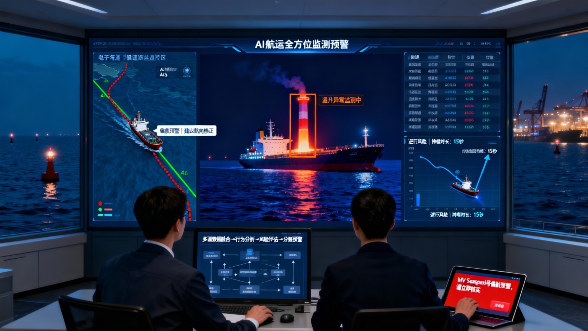 一张集成化的智慧航运监控中心全景画面，以海洋夜幕为背景，深蓝色的海面上点缀着航标灯光。

中央的大屏幕墙被划分为三个功能区。左侧屏幕展示航道监控视图：电子海图上，多艘船舶的AIS信号被实时标注，其中一预览效果