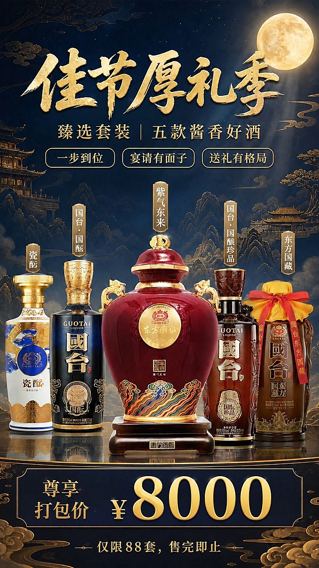 在保持原图所有元素、构图、背景、酒瓶、字体风格、颜色、光影完全不变的前提下，仅修改以下三处文字：
1. 价格区的"8888"改为"8000"，字体样式、大小、颜色、位置与原数字完全一致
2. 左侧第一个竖排标签"瓷韵"改为"瓷酝"，字体样式、大小、颜色、位置完全不变
3. 左数第二个竖排标签"国台·国酿"改为"国台·国酝"，以及右数第二个竖排标签"国台·国酿珍品"改为"国台·国酝珍品"，即将"酿"字改为"酝"字，字体样式、大小、颜色、位置完全不变

其他所有内容（包括酒瓶瓶身上的文字、背景、月亮、建筑、山水、祥云、其他标签、卖点按钮、底部限量文字等）一律保持原样，不得有任何改动。画面整体与原图高度一致，仅替换指定文字。