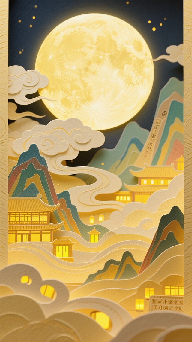中秋佳节意境，纸雕 + 工笔结合风格，暖黄色调贯穿画面（基底偏浅黄，灯火偏深黄，圆月偏柔黄），画面层次丰富（圆月为前景、祥云为中层、山峦建筑灯火为背景），突出 “圆月下万家灯火” 核心场景，整体雅致传统且充满团圆暖意