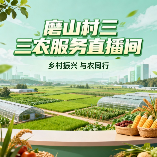 磨山村三农服务直播间背景素材，上方中央位置有加粗加大的“磨山村三农服务直播间”完整文案，下方有小一点的“乡村振兴 与农同行”完整文案，背景画面为现代化农业场景，包含绿色农田、农业设施、丰收的农作物，色预览效果