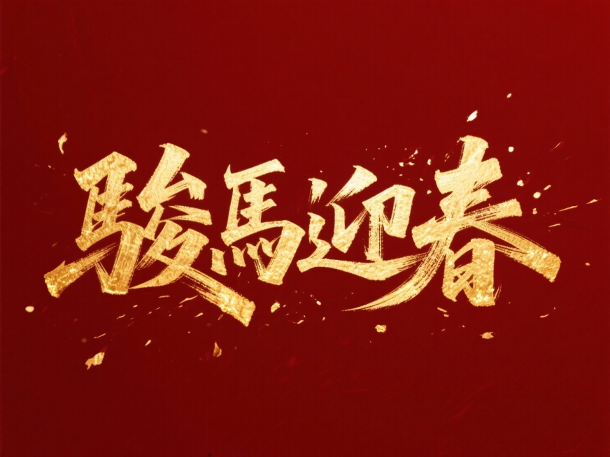 “骏馬迎春”横向排列，烫金质感，红金色调，暗红色背景。预览效果