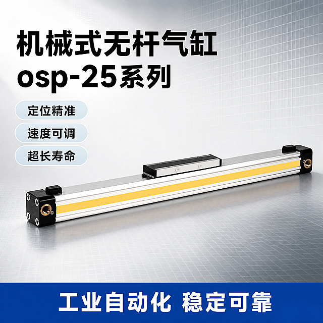 [单张主图] 机械式无杆气缸osp-25系列，爆款促销感主图，同时承担点击、理解、信任、转化四个任务，主打专业工业器械可信感。
[画面主体] 输入产品图为机械式无杆气缸，保持产品外观（即物理结构、材质质感、颜色）与输入产品图绝对一致，杜绝任何变形和色差，精细化处理；气缸主体斜向居中放置，占画面约60%，金属边缘高光清晰，整体结构完整不裁切。
[构图版式] 采用左文右品标签参数型版式，左侧38%区域放置文字信息，右侧放置产品主体，信息分区清晰。
[场景元素] 背景使用浅灰色到银灰色渐变工业风背景，带有极细网格纹理，不抢产品主体，整体专业硬核。
[文案版式] 左侧顶部主标题"机械式无杆气缸"黑色粗体最大字号，换行"osp-25系列"黑色大号；下方三个卖点胶囊标签：「定位精准」黑色字浅蓝底圆角、「速度可调」黑色字浅蓝底圆角、「超长寿命」黑色字浅蓝底圆角，每个标签垂直排列；底部通栏蓝底白字信息条，写"工业自动化 稳定可靠"。产品保持原图结构，无遮挡。
[光影质感] 主光从左上45°照射，清晰勾勒金属气缸轮廓，边缘高光锐利，背景浅灰渐变柔和，产品有自然投影，整体通透干净，工业商业摄影质感，产品清晰真实，画面高级专业。
[配色字体] 主色浅灰工业背景，辅助色深蓝色强调，文字黑色与白色对比清晰；字体采用无衬线粗体，主标题最大，卖点文字缩小对比分明。
[比例分辨率] 1:1比例，4K分辨率，文字清晰可辨，超高清画质。
[负向提示词] 变形，水印，文字错乱，产品图模糊，背景杂乱，错字，伪Logo，主体遮挡，错误结构