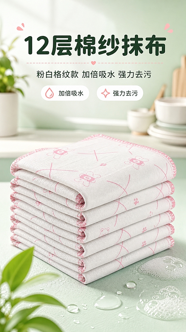 [商品] 使用【图1】新款棉纱抹布，粉白格子图案+粉色锁边；商品处理：保留格子印花、粉色锁边、棉纱材质、叠放形态；自然理顺叠放层次，增强棉纱纹理质感。
[画面] 首屏主卖点海报，上下构图，温馨明亮厨房台面场景，叠放抹布置于画面中央偏下，占画面60%；上方留白放标题，底部点缀水滴、泡沫清洁元素；前景点缀绿色植物叶片，中景抹布主体，后景虚化厨房橱柜餐具。
[视觉] 套系策略：风格=清新洁净家居商业摄影；标题字=圆润黑体粗体；正文字=简洁无衬线黑体；主色=清新薄荷绿；背景延展=基于薄荷绿做深浅层级渐变、厨房台面与墙面同色系延展；强调色=暖粉色，仅用于小面积图标、标签和点缀；标题色=深墨绿；正文色=中灰绿；组件=圆角信息卡、水滴形图标、细线引线；光影=左前侧柔和自然光，明亮通透。
[文字] 顶部主标题"12层棉纱抹布"，副标题"粉白格纹款 加倍吸水 强力去污"，下方配2个小图标标签"加倍吸水""强力去污"；文字区位于画面上方1/3，不遮挡抹布主体。
[规格] 图片比例9:16竖版，4K，避免变形、错字、文字过小、冷蓝灰背景、抹布颜色改变、印花失真、绝对化用语。