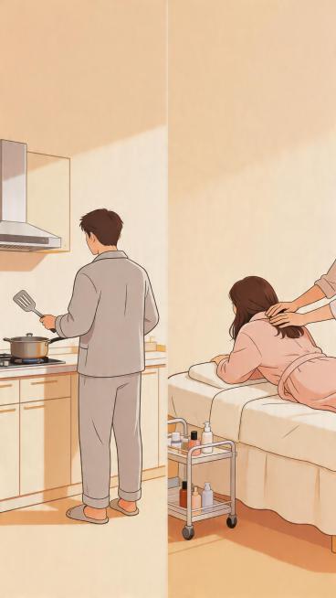 动态插画风格，两个画面都处在同一个统一背景中，画面左侧是一个拿着锅铲的人物背影，画面右侧是一个躺在美容床上被按摩肩膀的人物背影，构图左右平衡，整体协调自然预览效果
