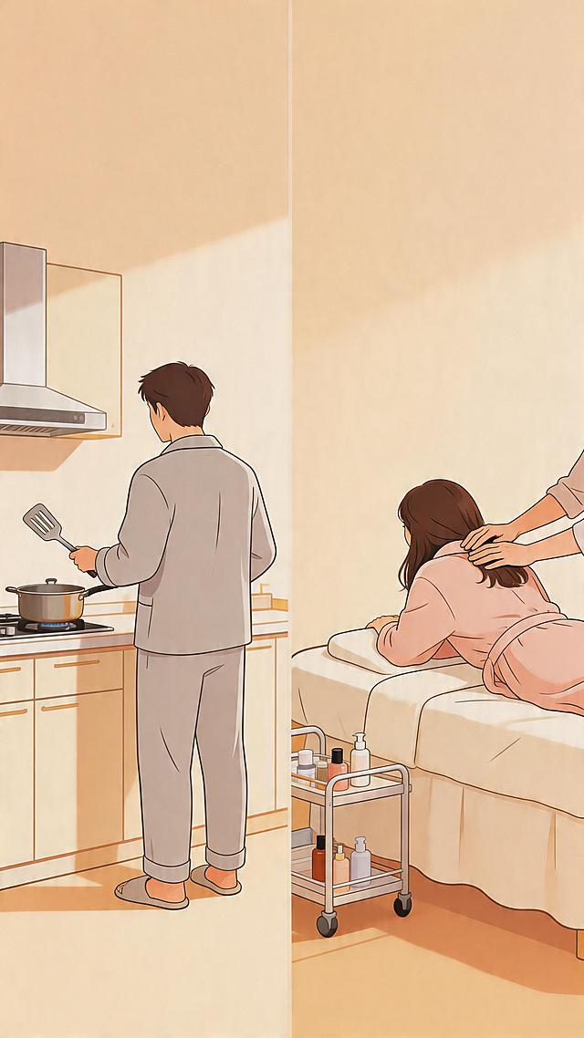 动态插画风格，两个画面都处在同一个统一背景中，画面左侧是一个拿着锅铲的人物背影，画面右侧是一个躺在美容床上被按摩肩膀的人物背影，构图左右平衡，整体协调自然
