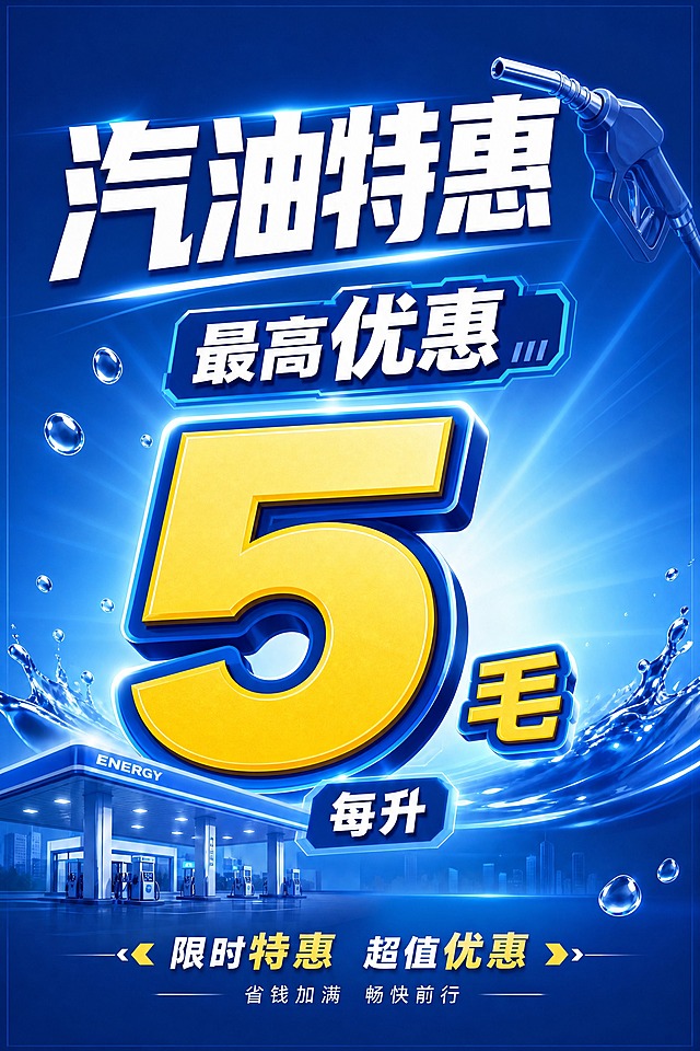 基于参考图修改：1. "毛"字稍微缩小，高度在"5"字的一半以下，"5"字保持巨大，"毛"字小很多，形成大小对比，突出数字5。2. "汽油特惠"四个字加大加粗，更明显更醒目，字号再大一些，做的更突出。其他元素（油枪、油滴、加油站、最高优惠、每升、底部文字等）保持不变，整体风格和蓝色背景也保持不变。A5竖向比例。