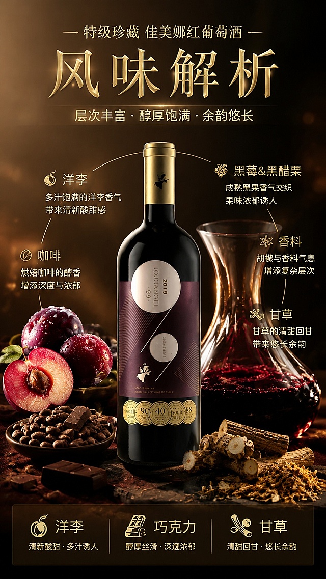 [第5屏] 详情页风味解析屏-展示特级珍藏佳美娜红葡萄酒丰富风味层次。本屏使用【图3】作为商品主体。
[氛围/风格] 质感美食风，暖调光影，突出丰富香气和味觉联想，提升购买欲望。
[元素布局] 酒瓶居中放置占比约40%，左侧放置新鲜切开的洋李和咖啡豆，右侧放置醒酒器盛有红酒，底部点缀甘草原料，保持瓶身外观结构颜色与原图一致。
[光影质感] 中心柔光打亮主体产品和食材，背景虚化暗调处理，突出中心内容，光影层次丰富，有食欲氛围感。
[配色色系] 全局底色 #3A261C，主色深红棕色，搭配食材自然色彩，文字使用金色，突出高端感。
[视角构图] 中心产品主体，周围环绕风味食材，圆形层次感构图，视觉重心集中在酒瓶。
[文字版式] 底部三个横向标签分区，分别标注「洋李」「巧克力」「甘草」，每个搭配对应小图标，金色图标金色文字，清晰展示风味构成，排版整齐不遮挡主体。
[比例分辨率] 9:16 竖版比例，4K分辨率，文字清晰可辨，高清画质。
[负向提示词] 瓶身变形，食材结构错误，文字错乱，颜色偏差，水印，人像出现
