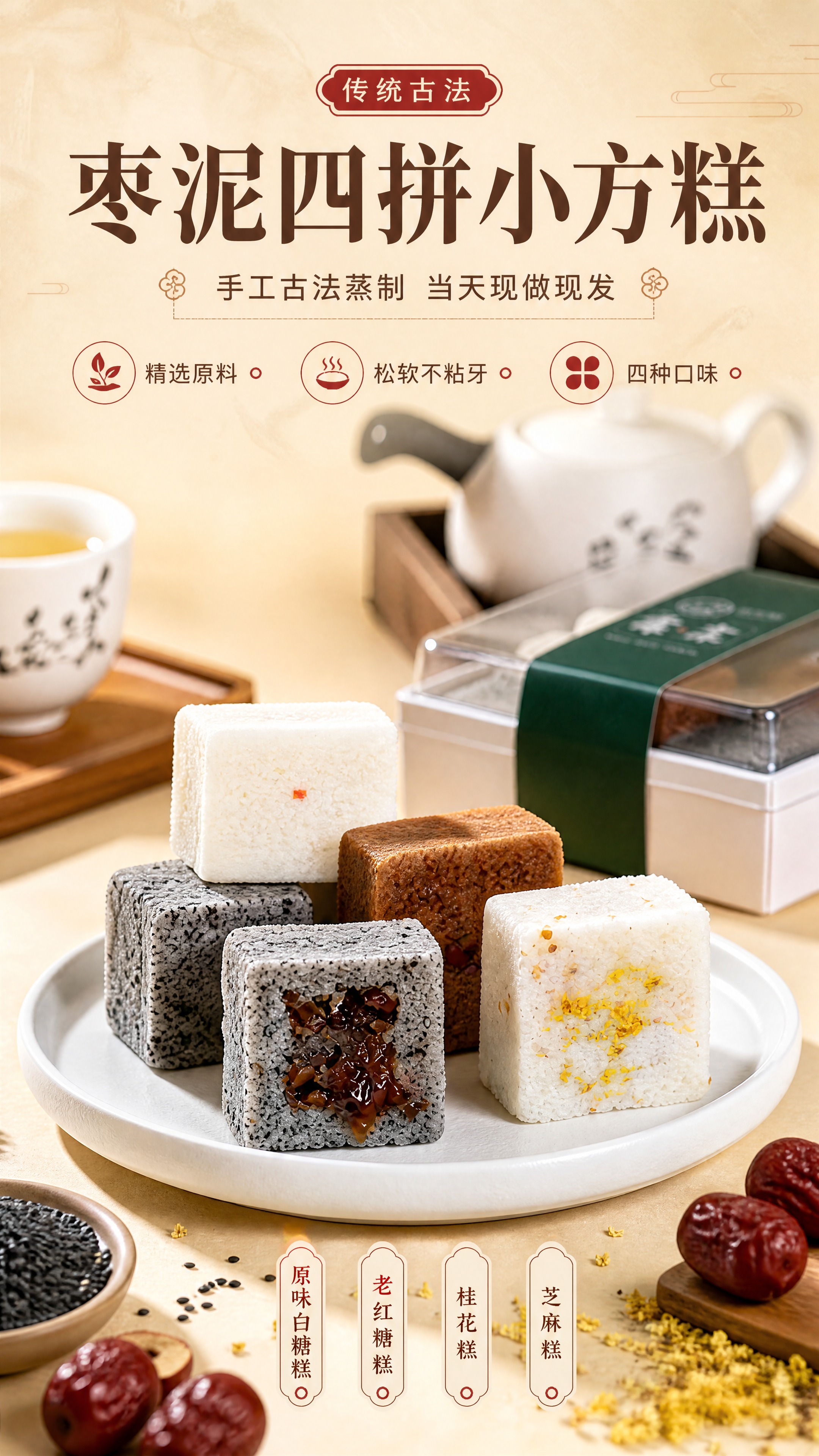 [商品] 使用【图1】枣泥四拼小方糕；保留四种口味小方糕的结构… - 图片创意预览