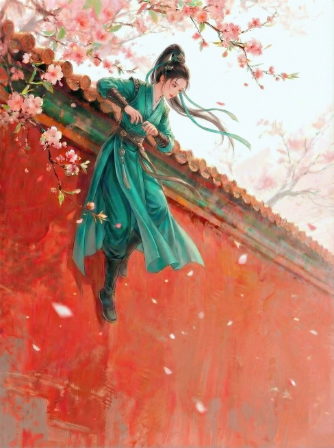 左边女侠的衣服颜色和发带颜色都换成青绿色，下半身和腿部都不需要显示在画面里，画面当中，只要上半身趴在墙头，墙头露出上半身就可以预览效果