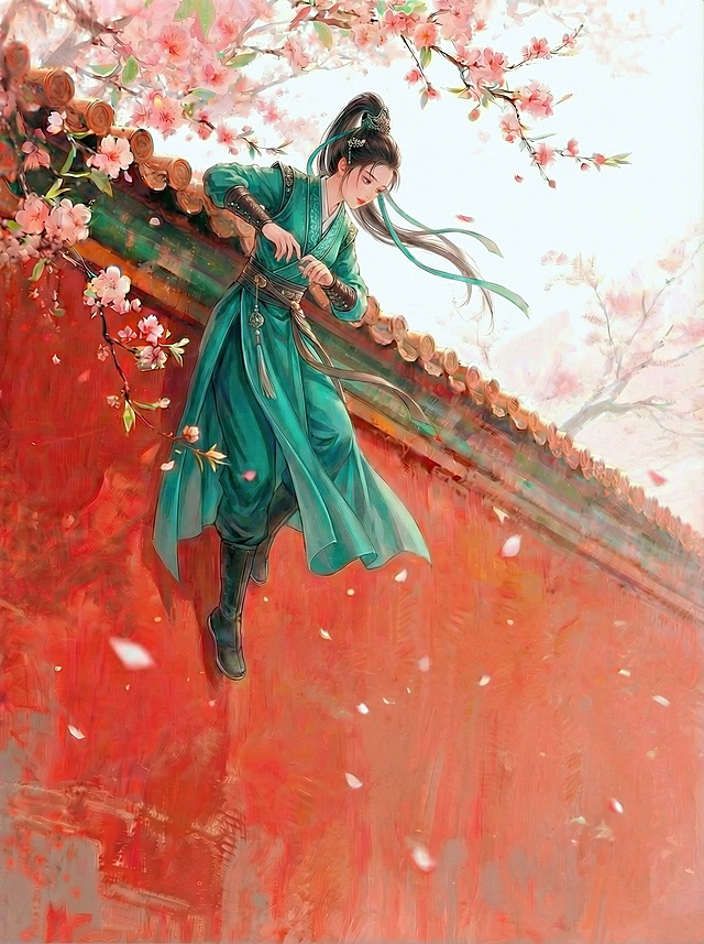 左边女侠的衣服颜色和发带颜色都换成青绿色，下半身和腿部都不需要显示在画面里，画面当中，只要上半身趴在墙头，墙头露出上半身就可以