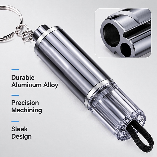 [Main Image 3] Material and craftsmanship details of emergency escape tool. Light gray gradient background. Macro close-up of the surface metal brushed texture of the window breaker and whistle, highlighting the high-quality polished aluminum alloy material and fine processing. Local magnified detail box in the upper right corner showing the smooth cutting surface of the whistle sound outlet. Text labels: "Durable Aluminum Alloy", "Precision Machining", "Sleek Design". Keep product appearance consistent with original input. Commercial macro photography, clear texture, high contrast. No Chinese text, no trademark. 1:1 square ratio, 2K resolution. Negative prompt: deformation, text confusion, blurred image, messy background, watermark, Chinese characters