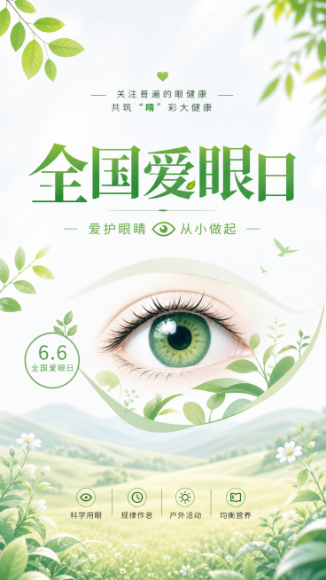 全国爱眼日主题，简约清新风格，画面有清新绿植、眼睛元素，文字：全国爱眼日、关注普遍的眼健康、共筑“睛”彩大健康、爱护眼睛从小做起、6.6全国爱眼日、科学用眼 规律作息 户外活动 均衡营养，保持原有设计预览效果