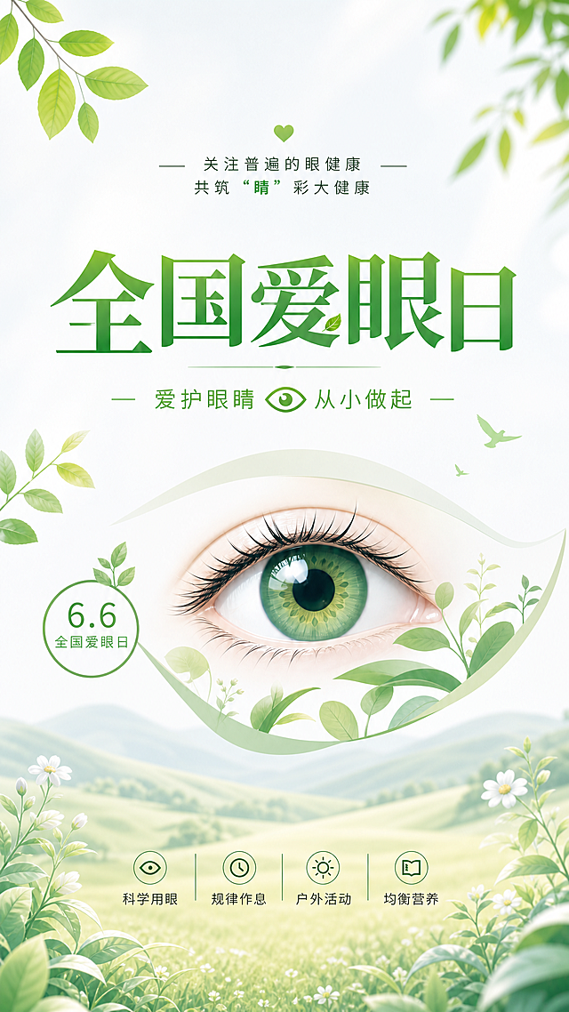 全国爱眼日主题，简约清新风格，画面有清新绿植、眼睛元素，文字：全国爱眼日、关注普遍的眼健康、共筑“睛”彩大健康、爱护眼睛从小做起、6.6全国爱眼日、科学用眼 规律作息 户外活动 均衡营养，保持原有设计内容和风格，调整为竖版