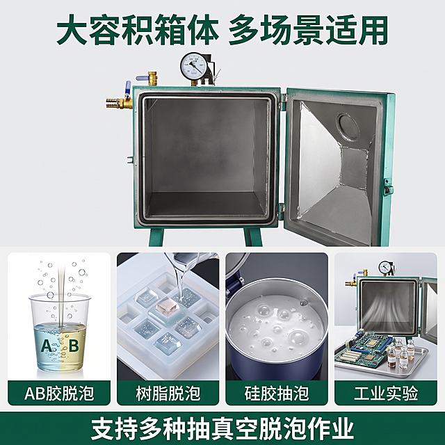 [主图-4] 真空箱内部空间与多适用场景展示；
[氛围风格] 直观实用展示，清晰告知使用范围；
[画质] 清晰通透商业摄影，整体画面干净专业；
[元素] 主图展示打开门的真空箱内部大空间，保持产品箱体结构、密封胶条、墨绿色外观与输入产品图一致；底部排列四个场景宫格，分别展示AB胶脱泡、树脂脱泡、硅胶抽泡、工业实验四个适用场景示意图，每个宫格配短标签说明；背景使用浅灰色干净底，产品主体占据上半部分60%画面；
[光影] 主光均匀照亮箱体内部，展示大空间，光线通透无死黑；
[配色] 箱体墨绿色，内部灰色金属，背景浅灰，场景标签采用深绿字白底色块；
[视角构图] 正面平视展示箱体内腔，上下构图，上部产品下部场景宫格；
[文字版式] 顶部大标题"大容积箱体 多场景适用"，每个场景宫格底部标注对应名称，底部通栏增加说明文字支持多种抽真空脱泡作业；
[输出要求] 1:1正方形比例，文字清晰可辨，超高清画质；
[负向提示词] 变形，文字错乱，产品模糊，场景错位，水印，平台Logo