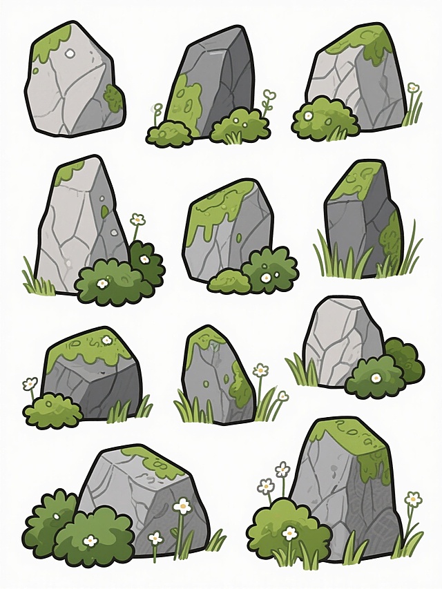 一组风格统一的2D手绘插画风格岩石与植物组合元素集，包含多组不同形态的灰色系岩石，岩石表面带有自然纹理和深浅不一的苔藓覆盖，搭配绿色低矮灌木、细长草丛和零星点缀的白色小花，整体采用平涂色彩与简洁流畅的黑色线条勾勒边缘，色调清新柔和，灰色岩石呈现出从浅灰到深灰的自然过渡，绿色植物色彩明快且富有层次，每个元素独立成组且保持一致的手绘质感，适合作为游戏场景或插画背景素材使用，画面干净整洁，无背景干扰，元素排列疏密有致。