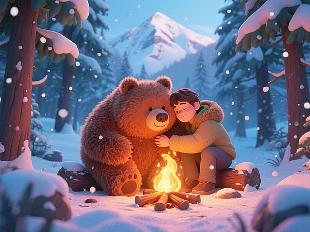 软3D风格的冬日雪林，拟人化棕熊与少年依偎篝火旁，毛发生长细节细腻，暖光营造温馨梦幻氛围，卡通感十足。