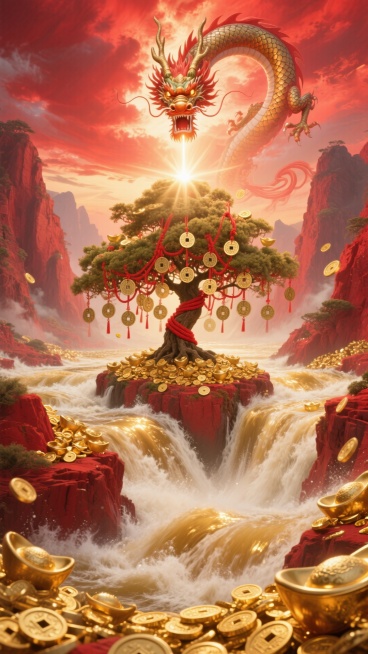 史诗般的场景，一条由无数金币和金元宝汇成的巨大河流，在红色的峡谷中奔腾流淌。天空中，祥龙的身影在红色的霞光中若隐若现，龙鳞反射出金光。一棵挂满红绳和铜钱的巨大发财树生长在河中央，光芒四射。画面壮观，充预览效果