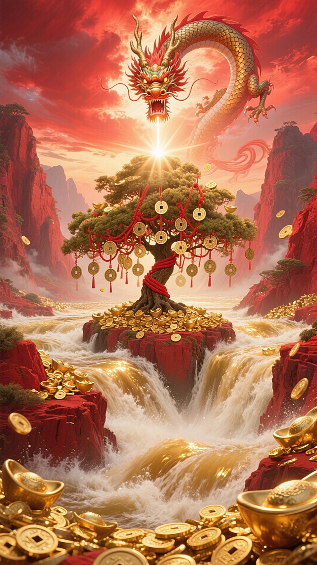 史诗般的场景，一条由无数金币和金元宝汇成的巨大河流，在红色的峡谷中奔腾流淌。天空中，祥龙的身影在红色的霞光中若隐若现，龙鳞反射出金光。一棵挂满红绳和铜钱的巨大发财树生长在河中央，光芒四射。画面壮观，充满神话色彩。