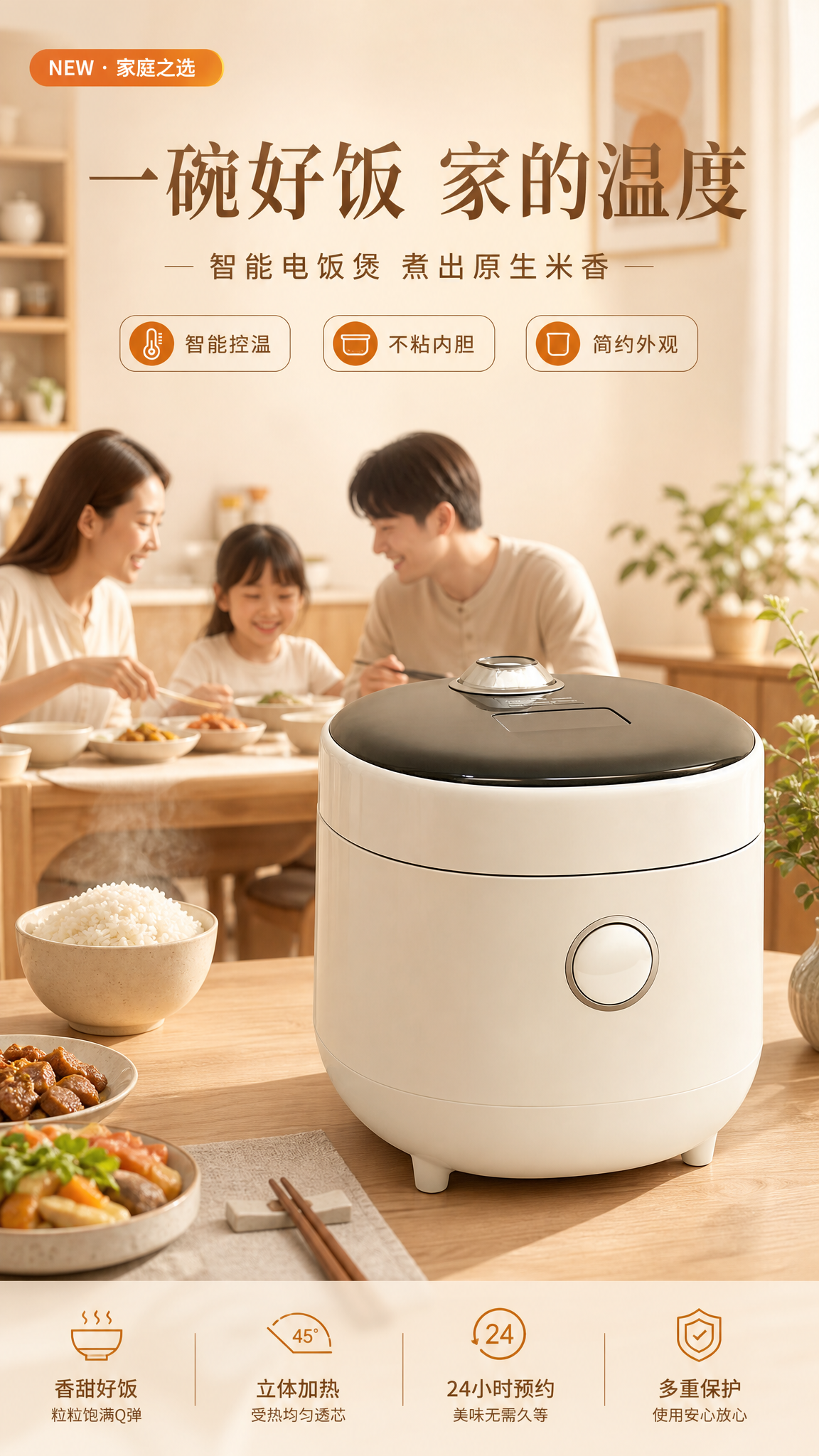 电饭煲电商海报，简约温馨风格，浅木色调。画面中景为一家人（父母… - 图片创意预览