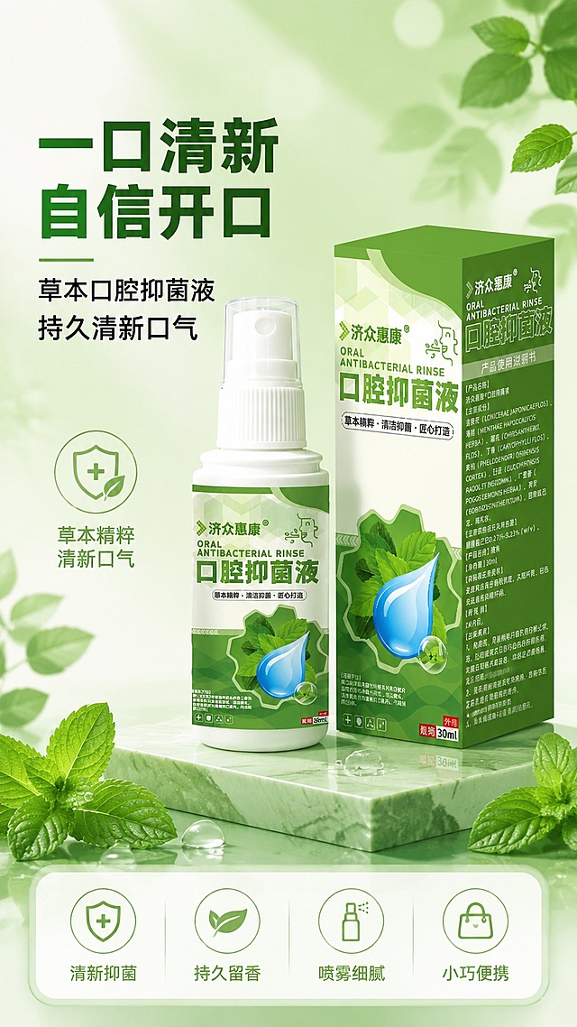 [第1张] 详情页头图-济众惠康口腔抑菌液主视觉海报。本张使用【图1】作为商品主体（喷雾瓶+包装盒组合）。
[氛围/风格] 清新草本口腔护理风，绿色系高级感，商业摄影质感，1688批发平台大气简洁风格。
[元素布局] 产品组合（喷雾瓶+包装盒）置于画面中央偏右，占比约55%-60%；左侧留标题区；底部为浅绿大理石质感台面；台面点缀新鲜薄荷叶、晶莹水珠、淡绿色光晕；背景为渐变薄荷绿，有柔和光斑和草本叶片剪影；产品瓶身结构、颜色、包装文字与输入图一致，白色喷雾瓶+绿色标签+绿色包装盒。
[光影质感] 左上方柔光照明，右侧辅光勾勒轮廓，底部自然柔和投影，瓶身和包装盒表面有清晰高光，整体通透明亮。
[配色色系] 全局底色 #E8F5E9 薄荷绿渐变；主色 #4CAF50 草木绿；辅助色白色、浅薄荷绿、深绿点缀。
[视角构图] 正面微仰视，产品为视觉中心，阅读动线左上标题 → 中部产品 → 底部信息条。
[文字版式] 版式为左上大标题 + 中部右侧产品 + 底部卖点信息条。主标题「一口清新 自信开口」，副标题「草本口腔抑菌液 持久清新口气」，两行粗黑体左对齐；底部信息条四个胶囊卖点「清新抑菌」「持久留香」「喷雾细腻」「小巧便携」；文字不遮挡产品主体。
[比例分辨率] 9:16 竖版比例，2K分辨率，文字清晰可辨，高清画质。
[负向提示词] 产品变形，缺件错件，颜色偏差，水印，文字错乱，产品图模糊，背景杂乱，包装文字错误。