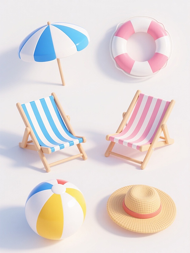6个不同配色、不同样式的3D卡通风格夏季海滩素材，包括蓝白条纹遮阳伞、蓝白条纹沙滩椅、粉白条纹救生圈、黄白条纹沙滩球、草帽等，每个素材保持圆润可爱的造型，材质呈现光滑塑料与布料质感，柔和光影效果，统一白色背景，所有元素排列整齐，形成视觉平衡的组合。