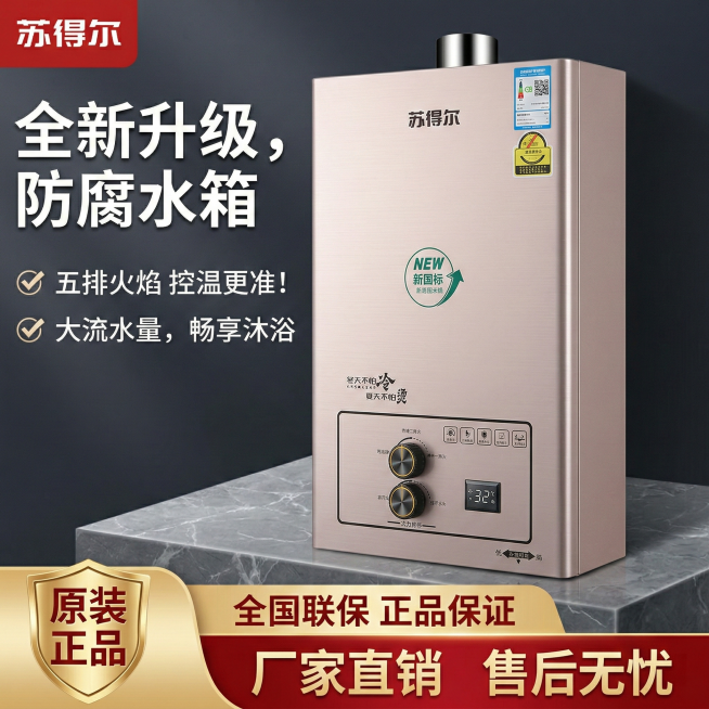 参考图2的风格，以图1为产品素材，生成简约风格电商主图，搭配文案："全新升级，防腐水箱"、"五排火焰 控温更准！"、"大流水量，畅享沐浴"预览效果