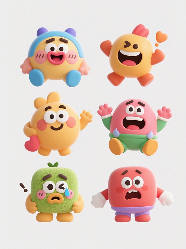 6个不同样式、不同风格、不同材质的表情包，排列整齐，白色背景，每个表情包都有独特的表情和动作，色彩鲜明，细节丰富，具有卡通风格，表情生动形象，传达出不同的情绪和含义。
