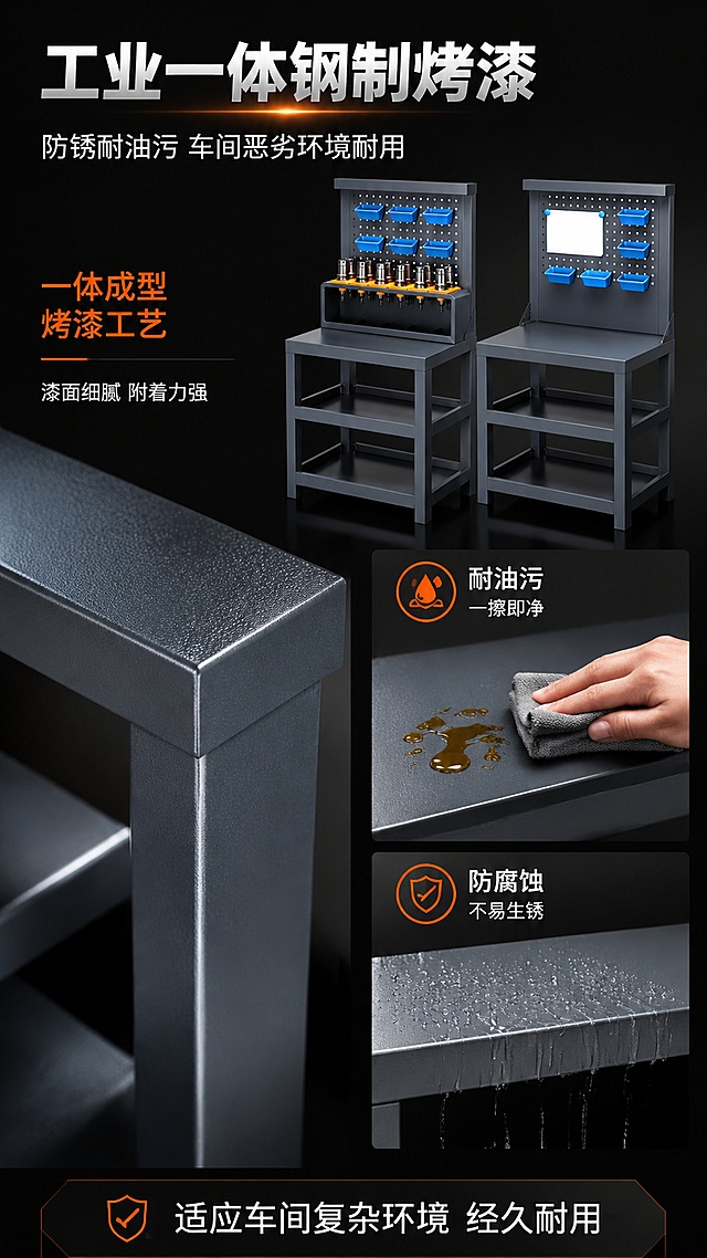 [第8屏] 工业一体钢制烤漆工艺-CNC数控工作台表面处理展示。本屏使用【图1】作为产品主体，重点展示表面烤漆质感。
[氛围/风格] 高端工艺风，金属漆面质感，耐腐蚀性能展示，专业可信。
[元素布局] 左侧为工作台柜体表面微距特写，展示细腻的烤漆纹理和光泽；右侧为耐油污/防锈测试示意：油污擦拭、水渍流淌不渗透的对比展示；背景为深黑色渐变，突出漆面的细腻质感和光泽度；产品漆面颜色、质感与输入图一致。
[光影质感] 斜侧柔光打亮漆面，形成柔和的高光带，突出烤漆的细腻质感和平整度，阴影过渡自然。
[配色色系] 全局底色 #0D0F12 纯黑；主色深灰烤漆 #3D4450；辅助色工业橙 #FF6B00 性能标签、白色标题、油污黄棕色对比。
[视角构图] 左右分栏构图，左侧漆面特写+右侧性能测试，阅读动线从上到下标题→左侧工艺→右侧性能。
[文字版式] 顶部主标题「工业一体钢制烤漆」，副标题「防锈耐油污 车间恶劣环境耐用」；左侧特写区配「一体成型 烤漆工艺」「漆面细腻 附着力强」；右侧配两个性能图标：「耐油污 一擦即净」「防腐蚀 不易生锈」；底部信息条「适应车间复杂环境 经久耐用」。
[比例分辨率] 9:16竖版比例，4K分辨率，文字清晰可辨，高清画质。
[负向提示词] 漆面纹理模糊，颜色偏差，文字错乱，水印，产品变形。