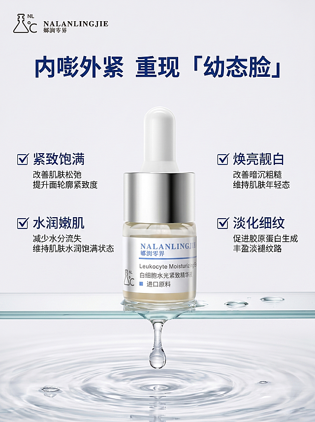 [主图-3] 白细胞水光紧致精华质地展示主图。
[氛围风格] 水润通透，干净高级，突出产品流动性。
[画质] 商业微距摄影质感，产品纹理清晰，超高清。
[元素] 精华瓶放置在透明玻璃台面上，精华从滴管缓慢滴落至下方水面，形成自然的水滴和水波纹，背景纯净浅灰白色。保持产品瓶身外观与输入产品图绝对一致，包装文字和细节与原图保持一致，杜绝任何变形色差。商品主体占比控制在50%左右，画面满屏无边框，左上角保留原品牌Logo。
[光影] 自然柔光从左侧打入，突出精华透明水润的流动质感，水滴和水波纹有通透高光，明暗层次自然。
[配色] 主色调白色+透明水色，浅蓝点缀，干净清爽。
[视角构图] 平视略微俯视，中心构图，焦点清晰落在滴落的精华和产品瓶身。
[文字版式] 顶部大字主文案：内嘭外紧 重现幼态脸，深蓝色粗体，四个功效卖点分两栏分布在产品左右两侧，每个卖点带对勾图标，文字左对齐，清晰易读，不遮挡主体。卖点：紧致饱满 改善肌肤松弛提升轮廓；水润嫩肌 减少流失维持饱满；焕亮靓白 改善粗糙维持年轻态；淡化细纹 促进胶原丰盈淡纹。
[比例分辨率] 3:4比例，2k分辨率，文字清晰可辨，超高清。
[负向提示词] 变形，水印，文字错乱，产品图模糊，背景杂乱，产品包装不一致，夸大文案，绝对化违禁词。
