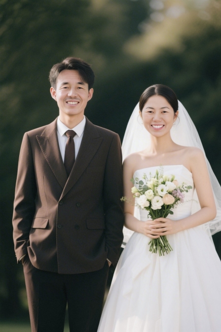 男生穿正装在左，女生穿婚纱在右，女生捧着一束鲜花，自然微笑，人物正面半身照，人物背景虚化预览效果