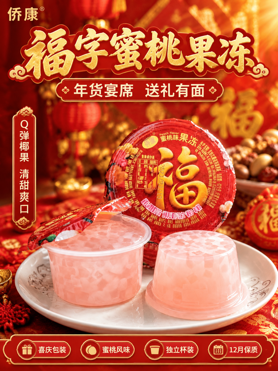 [商品] 使用【图4】侨康福字水蜜桃果冻；保留红色杯盖、金色大… - 图片创意预览
