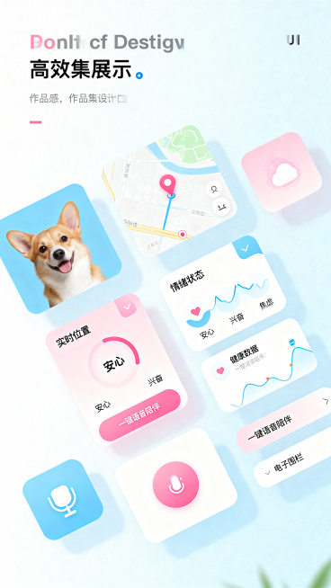 PawPal智能宠物项圈配套手机APP UI设计，浅色干净现代风格，主色调马卡龙蓝搭配温柔粉，界面包含宠物头像、实时定位地图、情绪状态显示模块（显示安心/兴奋/焦虑状态）、健康数据卡片、一键语音陪伴按预览效果