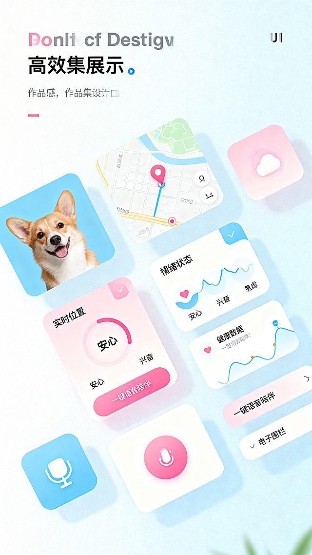 PawPal智能宠物项圈配套手机APP UI设计，浅色干净现代风格，主色调马卡龙蓝搭配温柔粉，界面包含宠物头像、实时定位地图、情绪状态显示模块（显示安心/兴奋/焦虑状态）、健康数据卡片、一键语音陪伴按钮、电子围栏快捷入口，布局简洁清晰，兼具科技感和温暖治愈感，使用圆角卡片和柔和阴影，高质感，作品集展示级设计，无多余文字，专业UI界面设计