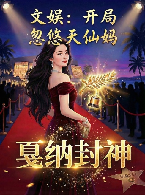 将图片上方原有文字“我，21岁，忽悠天仙妈”替换为一行不换行的文字“文娱：开局忽悠天仙妈”，文字颜色全部改为和下方“戛纳封神”一样的闪金色，保持原图其他内容和布局全部不变预览效果