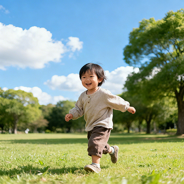 生成一个天真可爱的东方小孩，在公园的草地上开心玩耍，穿着休闲舒适的日常衣服，背景是蓝天白云和绿色树木，画面明亮温馨，风格写实自然