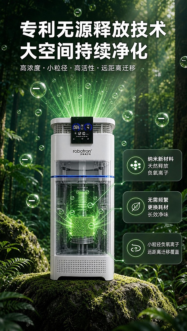 [商品] 使用【图1】robotron白色立式负氧离子机；保留整机结构、顶部出风栅格、黑色智能显示屏、robotron Logo、中部蓝色灯带、底部进风格栅、白色哑光材质；产品做半透明剖面处理，展示内部负氧离子发生模块。
[画面] 页面目标：展示专利无源释放技术原理，建立技术信任。构图：竖版9:16，顶部标题区，中部产品正面半剖视效果（机身正面部分透明，可见内部绿色发光的纳米新材料发生装置），绿色负氧离子光束从顶部向上发射并向四周扩散，周围漂浮大量负氧离子粒子气泡；背景为原始森林深处，阳光穿透树叶形成丁达尔效应，产品置于长满苔藓的石头上；右侧配技术说明文字。
[视觉] 套系策略：风格=高端商业摄影+森林自然科技感；标题字=现代无衬线粗黑体（思源黑体Heavy）；正文字=简洁无衬线体（思源黑体Regular）；主色=墨绿/深森林绿；背景延展=基于墨绿做深浅层级、森林雾气渐变、自然光影质感；强调色=荧光翠绿，用于负氧离子光效、技术高亮、图标；标题色=白色；正文色=浅灰绿/米白；组件=圆角半透明深绿信息卡、发光引线、粒子特效；光影=森林丁达尔光+产品内部绿色发光，神秘科技氛围。
[文字] 顶部主标题两行："专利无源释放技术""大空间持续净化"；副标题："高浓度·小粒径·高活性·远距离迁移"；右侧3个技术点："纳米新材料 天然释放负氧离子""无需频繁更换耗材 长效净味""小粒径负氧离子 远距离迁移覆盖"；文字均为横排，不遮挡产品核心结构。
[规格] 图片比例9:16竖版，4K分辨率，负向提示：避免变形、错字、文字过小、产品结构严重失真、Logo错乱、冷蓝色调、虚构专利号、绝对化用语。